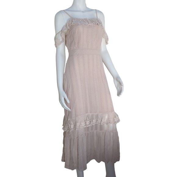 VERO MODA Pale Pink Sheer Tiered Layer Embroidered Midi Dress Women Size Small - Picture 1 of 11
